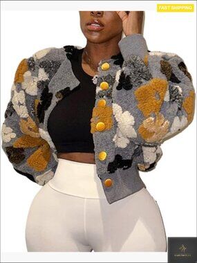 Cropped Floral Fleece Bomber Jacket Puff Sleeve Vintage Y2K Casual Outerwear